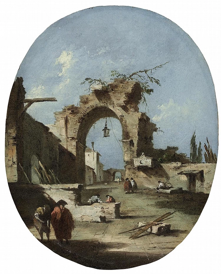 Un capriccio con un arco in rovina e una cinta muraria